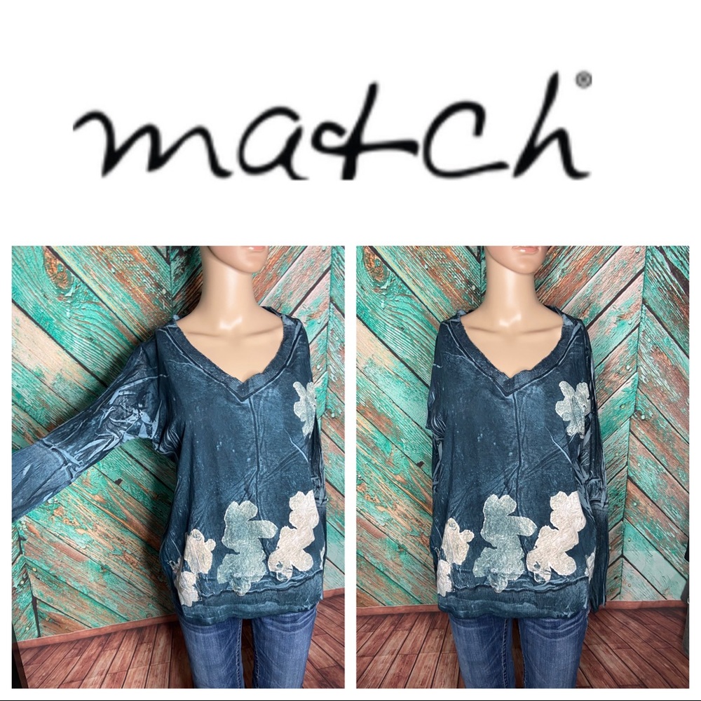 Marika Charles Washed Blue Distressed Floral Print Ling Sleeved V Neck Tee